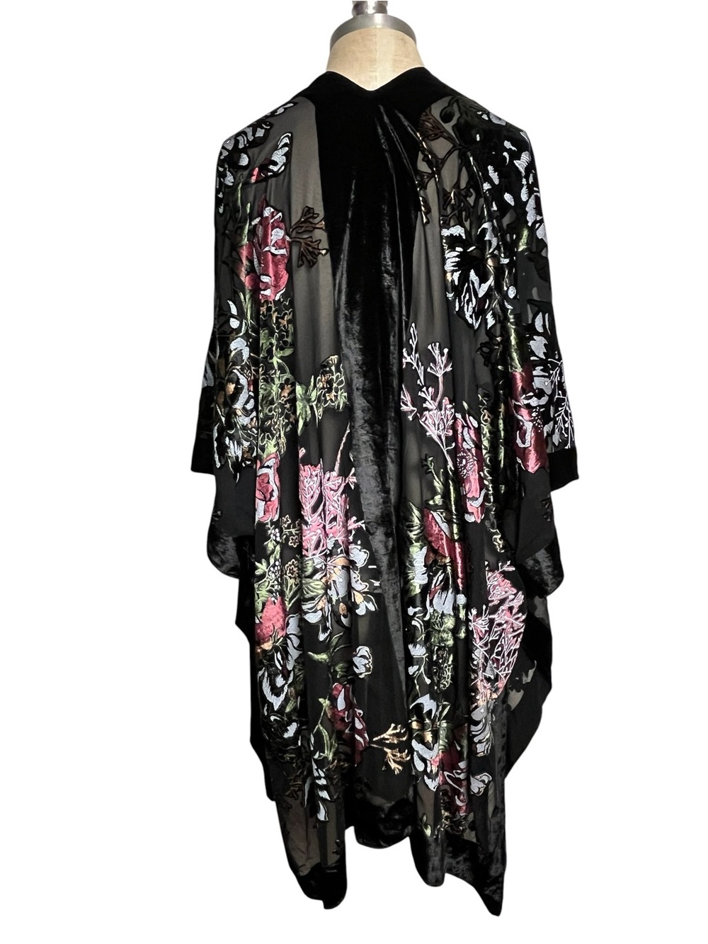 Saachi Ione Velvet Burnout Ruana Black Floral Kimono Jacket Cover Up OS - Picture 6 of 11